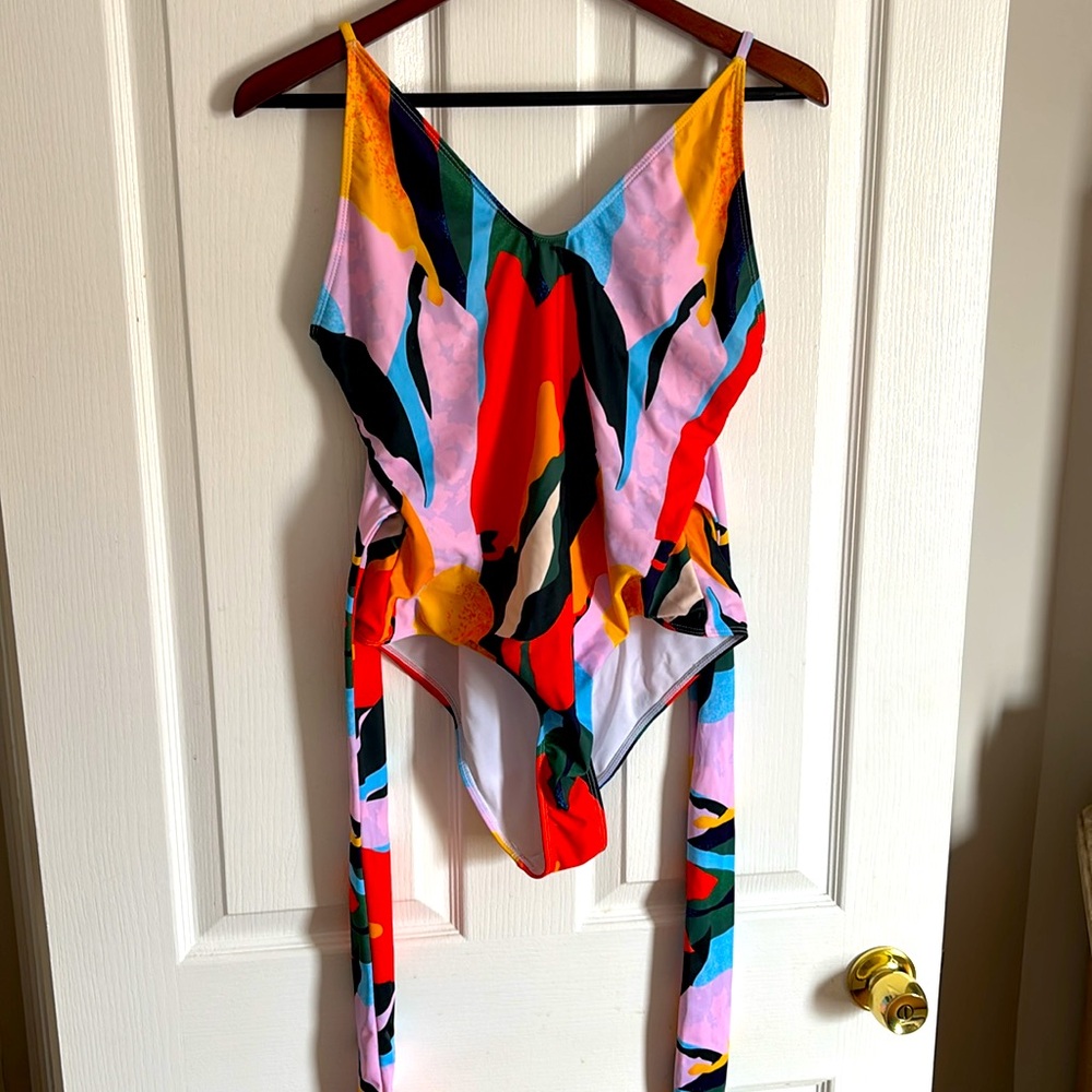 2/$13-EUC One Piece Swimsuit with Plunging V-Neck, with ties, wore once - Picture 1 of 9